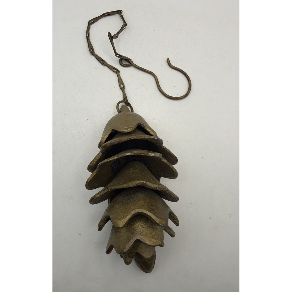 7″ Cast Aluminum Pinecone Wind Chime Rustic Gold Lodge Cabin Bell Hanging Decor